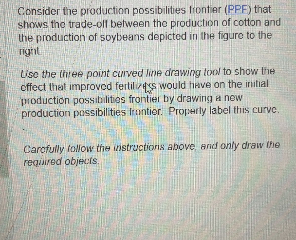 Consider the production possibilities frontier (PPF) that
shows the trade-off between the production of cotton and
the production of soybeans depicted in the figure to the
right.
Use the three-point curved line drawing tool to show the
effect that improved fertilizers would have on the initial
production possibilities frontier by drawing a new
production possibilities frontier. Properly label this curve.
Carefully follow the instructions above, and only draw the
required objects.
FRAN