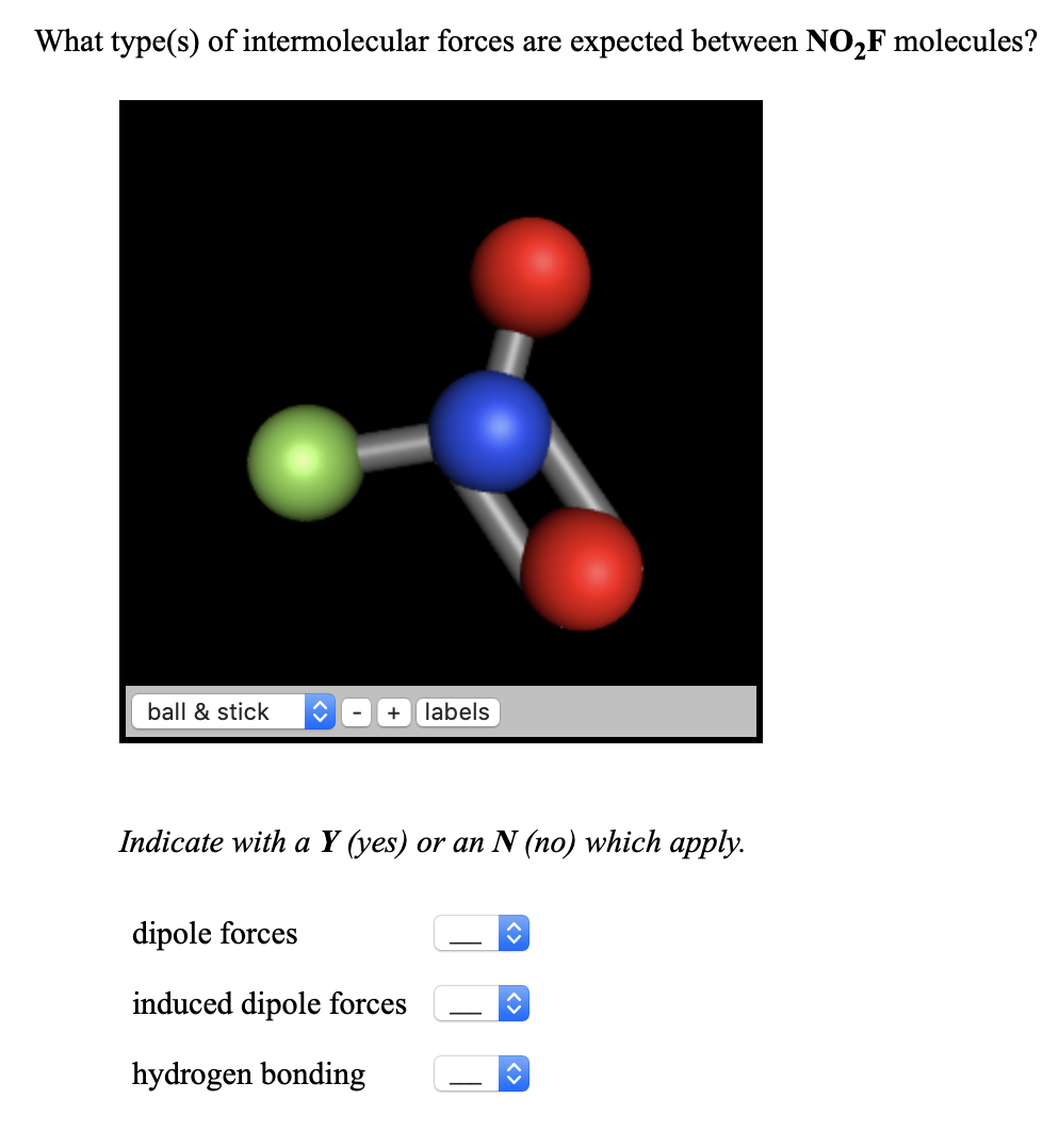 What type(s) of intermolecular forces are expected between NO,F molecules?
ball & stick
labels
Indicate with a Y (yes) or an N (no) which apply.
dipole forces
induced dipole forces
hydrogen bonding
