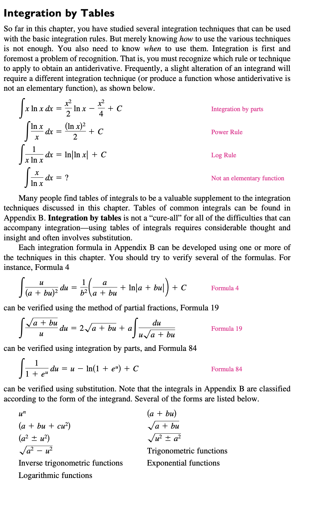 Integration by Tables
So far in this chapter, you have studied several integration techniques that can be used
with the basic integration rules. But merely knowing how to use the various techniques
is not enough. You also need to know when to use them. Integration is first and
foremost a problem of recognition. That is, you must recognize which rule or technique
to apply to obtain an antiderivative. Frequently, a slight alteration of an integrand will
require a different integration technique (or produce a function whose antiderivative is
not an elementary function), as shown below.
Salm
x2
In x
2
x In x dx
+ C
Integration by parts
4
In x
dx
(In x)?
+ C
2
Power Rule
1
dx = In|In x| + C
In x
Log Rule
dx = ?
In x
Not an elementary function
Many people find tables of integrals to be a valuable supplement to the integration
techniques discussed in this chapter. Tables of common integrals can be found in
Appendix B. Integration by tables is not a "cure-all" for all of the difficulties that can
accompany integration-using tables of integrals requires considerable thought and
insight and often involves substitution.
Each integration formula in Appendix B can be developed using one or more of
the techniques in this chapter. You should try to verify several of the formulas. For
instance, Formula 4
1
du
(а + bu)?
и
а
+ Inla + bu| ) + C
Formula 4
b2
(а + bu
can be verified using the method of partial fractions, Formula 19
Ja + bu
du
du
= 2Ja + bu + a
Formula 19
uJa + bu
и
can be verified using integration by parts, and Formula 84
1
du 3D и — In(1 + en) + C
Formula 84
1 + eu
can be verified using substitution. Note that the integrals in Appendix B are classified
according to the form of the integrand. Several of the forms are listed below.
(a + bu)
Ja + bu
u"
(а + bu + cu?)
(a? + u?)
u?
Ju + a?
Ja?
Trigonometric functions
Inverse trigonometric functions
Exponential functions
Logarithmic functions
