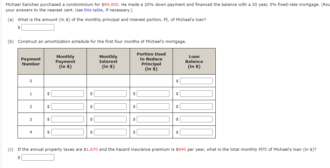 Michael Sanchez purchased a condominium for $94,000. He made a 20% down payment and financed the balance with a 30 year, 5% fixed-rate mortgage. (Rou
your answers to the nearest cent. Use this table, if necessary.)
(a) What is the amount (in $) of the monthly principal and interest portion, PI, of Michael's loan?
(b) Construct an amortization schedule for the first four months of Michael's mortgage.
Portion Used
Monthly
Рayment
(in $)
Monthly
Payment
Number
Loan
Balance
to Reduce
Interest
(in $)
Principal
(in $)
(in $)
1
$
$|
2
3
$
$
$
4
(c) If the annual property taxes are $1,670 and the hazard insurance premium is $640 per year, what is the total monthly PITI of Michael's loan (in $)?
