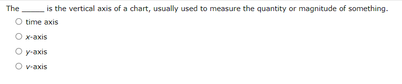 The is the vertical axis of a chart, usually used to measure the quantity or magnitude of something.
O time axis
О х-ахis
О у-аxis
O v-axis
