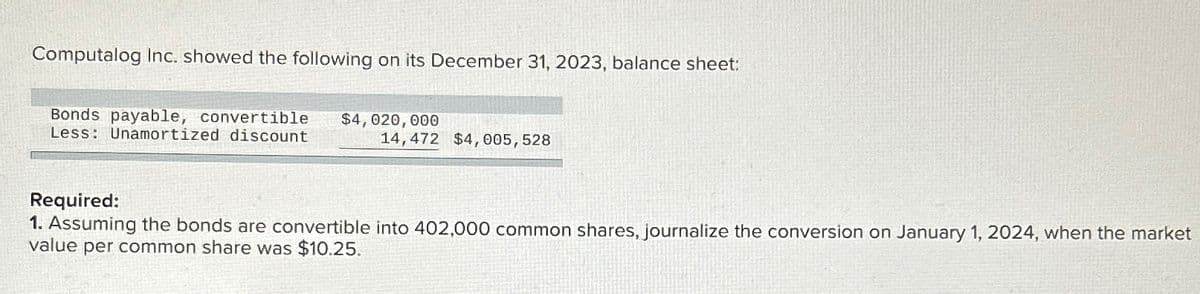 Computalog Inc. showed the following on its December 31, 2023, balance sheet:
Bonds payable, convertible $4,020,000
Less: Unamortized discount
14,472 $4, 005, 528
Required:
1. Assuming the bonds are convertible into 402,000 common shares, journalize the conversion on January 1, 2024, when the market
value per common share was $10.25.