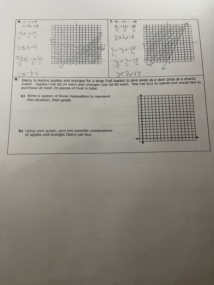 6. x-y24
x+5y≤0
|-y2=x+4
уеха
sy≤-xto
5 S
7. 8x-4y> -28
6y212x-36
Yz2x-b
8x-4y>-28
-87
-My 7-7x-28
-4 -4 4
y
5
y≤ - 3x
y<2x+7
8. Darcy is buying apples and oranges for a large fruit basket to give away as a door prize at a charity
event. Apples cost $0.24 each and oranges cost $0.80 each. She has $12 to spend and would like to
purchase at least 20 pieces of fruit in total.
a) Write a system of linear inequalities to represent
this situation, then graph.
b) Using your graph, give two possible combinations
of apples and oranges Darcy can buy.