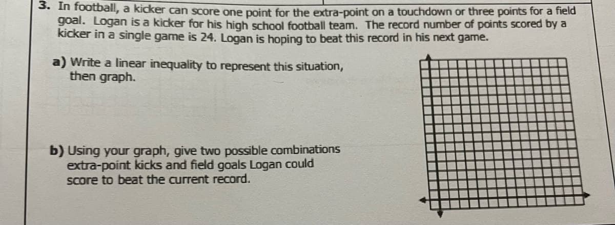 3. In football, a kicker can score one point for the extra-point on a touchdown or three points for a field
goal. Logan is a kicker for his high school football team. The record number of points scored by a
kicker in a single game is 24. Logan is hoping to beat this record in his next game.
a) Write a linear inequality to represent this situation,
then graph.
b) Using your graph, give two possible combinations
extra-point kicks and field goals Logan could
score to beat the current record.