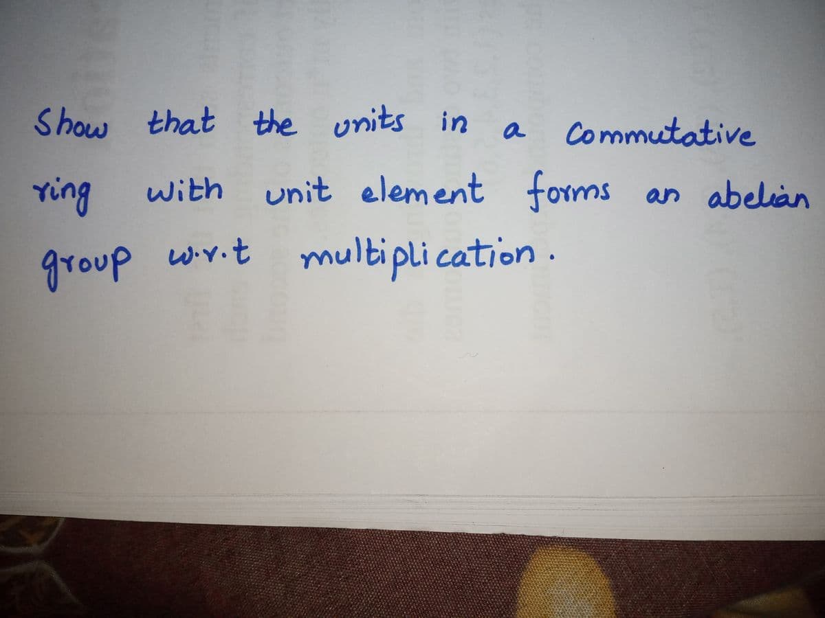 Show that the units in
Commutative
ring
unit element forms
with
an abelian
group wY.t
multiplication.
