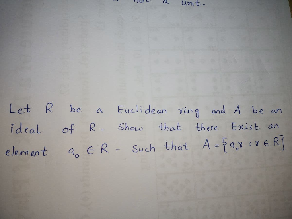 Unit-
Let R be
Euclidean ing and A be an
a
ideal of R- Show
that there
Exist an
element
9, ER- Such that A=f ax : Y €R}
