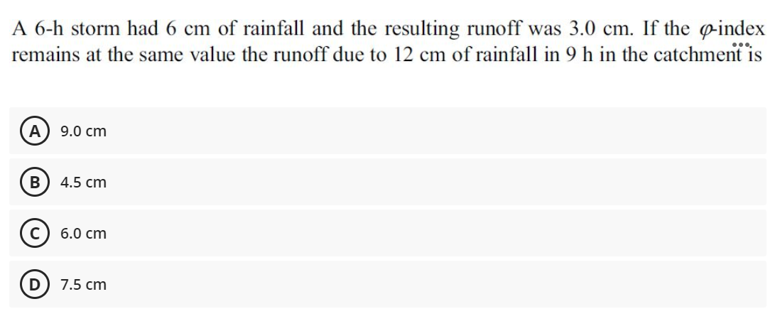 A 6-h storm had 6 cm of rainfall and the resulting runoff was 3.0 cm. If the p-index
remains at the same value the runoff due to 12 cm of rainfall in 9 h in the catchment is
9.0 cm
4.5 cm
6.0 cm
7.5 cm
