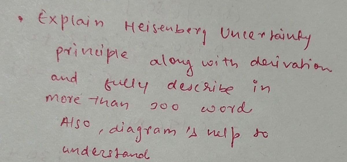 • Explain Heisenbery Unte kinty
parincipie
with dei vahion
aloy
fully describe in
and
more than
word
Also
diagram 'd nel
understand
