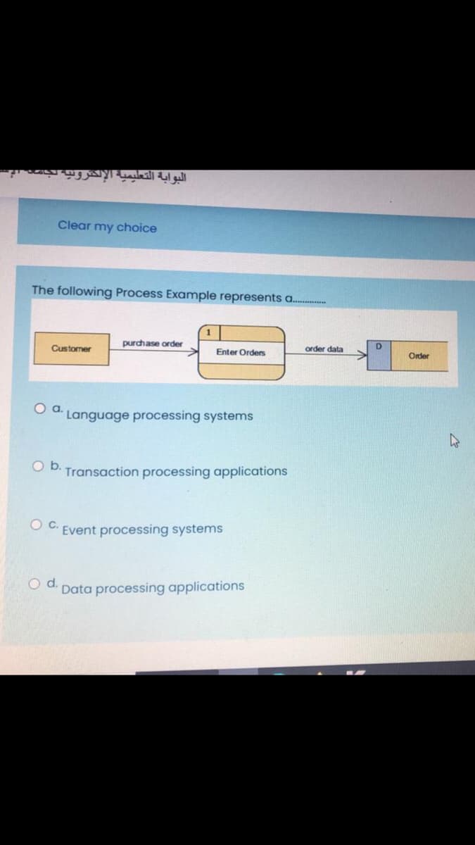 البوابة التعليمية الإلكترونية لجاه
Clear my choice
The following Process Example represents a..
purchase order
Customer
order data
Enter Orders
Order
Language processing systems
Ob.
Transaction processing applications
Oc.
Event processing systems
Data processing applications
