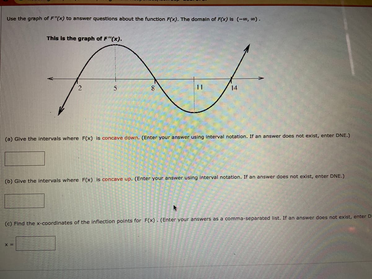 Use the graph of F"(x) to answer questions about the function F(x). The domain of F(x) is (-o, c0).
This is the graph of F"(x).
2
5.
8.
11
14
(a) Give the intervals where F(x) is concave down. (Enter your answer using interval notation. If an answer does not exist, enter DNE.)
(b) Give the intervals where F(x) is concave up. (Enter your answer using interval notation. If an answer does not exist, enter DNE.)
(c) Find the x-coordinates of the inflection points for F(x). (Enter your answers as a comma-separated list. If an answer does not exist, enter D
X =
