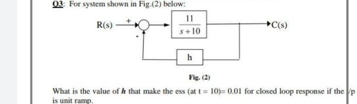 03: For system shown in Fig.(2) below:
11
s+10
R(s)
h
→C(s)
Fig. (2)
What is the value of h that make the ess (at t= 10)= 0.01 for closed loop response if the p
is unit ramp.