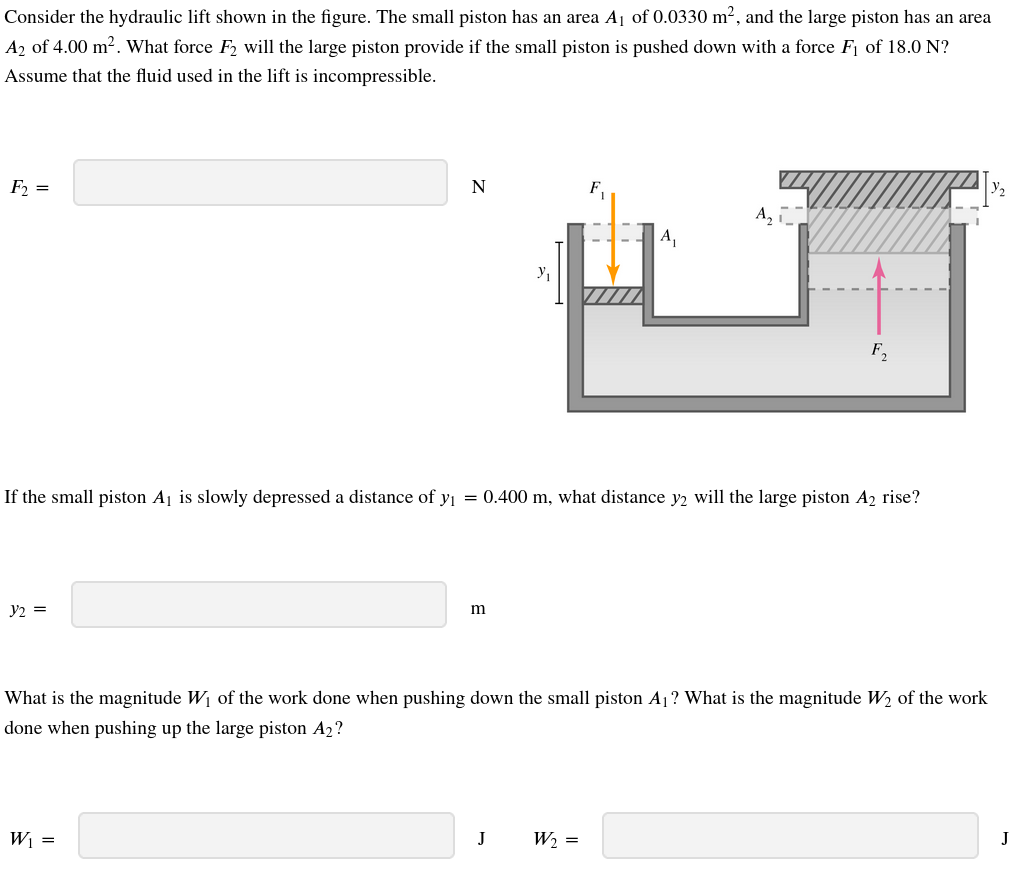 Consider the hydraulic lift shown in the figure. The small piston has an area A₁ of 0.0330 m², and the large piston has an area
A₂ of 4.00 m². What force F2 will the large piston provide if the small piston is pushed down with a force F₁ of 18.0 N?
Assume that the fluid used in the lift is incompressible.
F₂ =
y₂ =
N
W₁ =
y₁
J
F₁
If the small piston A₁ is slowly depressed a distance of y₁ = 0.400 m, what distance y2 will the large piston A₂ rise?
A₁
W₂ =
A₂
What is the magnitude W₁ of the work done when pushing down the small piston A₁? What is the magnitude W₂ of the work
done when pushing up the large piston A2?
F₂
J