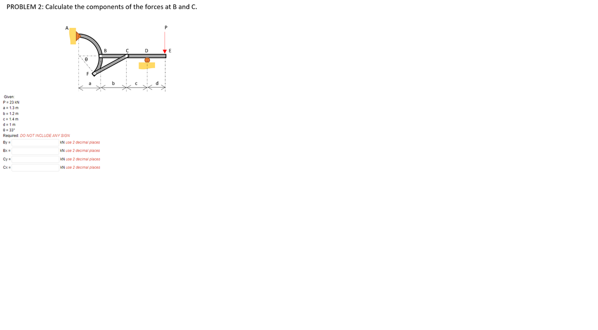 PROBLEM 2: Calculate the components of the forces at B and C.
A
P
В
Given:
P = 23 kN
а 3 1.3 m
b = 1.2 m
c= 1.4 m
d = 1 m
e = 33°
Required: DO NOT INCLUDE ANY SIGN
By =
kN use 2 decimal places
Bx =
kN use 2 decimal places
Cy =
kN use 2 decimal places
Cx =
kN use 2 decimal places
