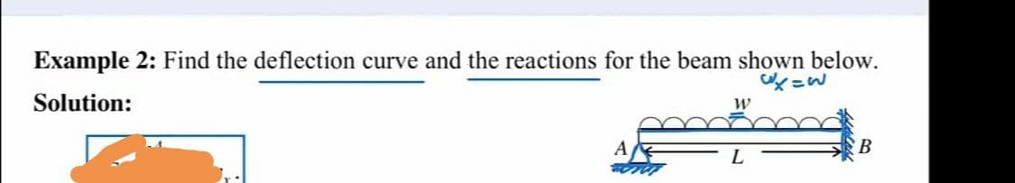 Example 2: Find the deflection curve and the reactions for the beam shown below.
Solution:
W
B
