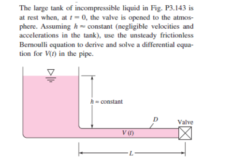 The large tank of incompressible liquid in Fig. P3.143 is
at rest when, at t = 0, the valve is opened to the atmos-
phere. Assuming h= constant (negligible velocities and
accelerations in the tank), use the unsteady frictionless
Bernoulli equation to derive and solve a differential equa-
tion for V(f) in the pipe.
h= constant
Valve
V (1)
L.
