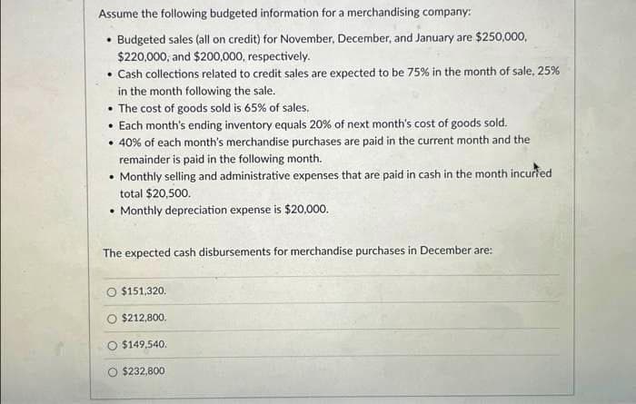 Assume the following budgeted information for a merchandising company:
Budgeted sales (all on credit) for November, December, and January are $250,000,
$220,000, and $200,000, respectively.
• Cash collections related to credit sales are expected to be 75% in the month of sale, 25%
in the month following the sale.
• The cost of goods sold is 65% of sales.
• Each month's ending inventory equals 20% of next month's cost of goods sold.
• 40% of each month's merchandise purchases are paid in the current month and the
remainder is paid in the following month.
• Monthly selling and administrative expenses that are paid in cash in the month incurred
total $20,500.
• Monthly depreciation expense is $20,000.
The expected cash disbursements for merchandise purchases in December are:
O $151,320.
$212,800.
$149,540.
$232,800,