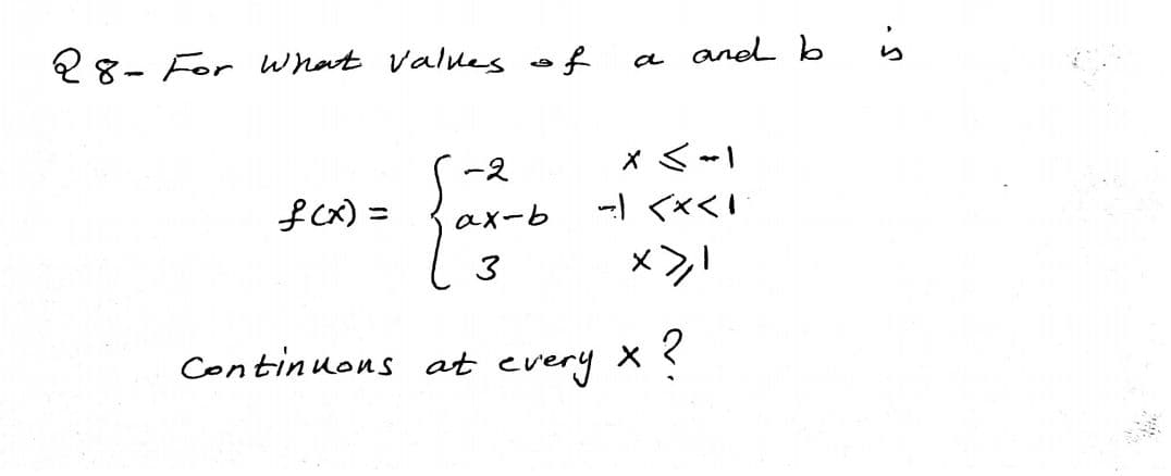 28- For What values of
a anel b
is
X <-
ー<くく
-2
fcx) =
axーb
3
Continuons at every x?
