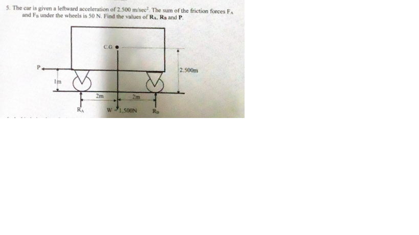 5. The car is given a leftward acceleration of 2.500 m/sec?. The sum of the friction forces FA
and Fa under the wheels is 50 N. Find the values of Ra, Rs and P.
2.500m
Im
2m
2m
RA
W1,500N
Ro
