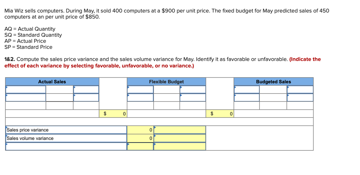 Mia Wiz sells computers. During May, it sold 400 computers at a $900 per unit price. The fixed budget for May predicted sales of 450
computers at an per unit price of $850.
AQ = Actual Quantity
SQ = Standard Quantity
AP = Actual Price
SP = Standard Price
1&2. Compute the sales price variance and the sales volume variance for May. Identify it as favorable or unfavorable. (Indicate the
effect of each variance by selecting favorable, unfavorable, or no variance.)
Actual Sales
Flexible Budget
Budgeted Sales
$
$
Sales price variance
Sales volume variance
%24
