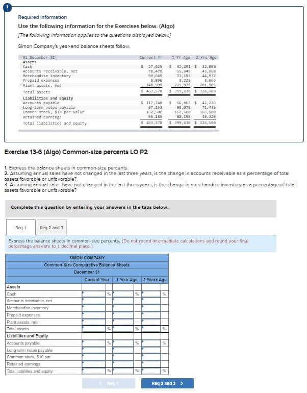 Required Information
Use the following information for the Exercises below. (Algo)
[The following information opplies to the questions displayed below.]
Simon Company's yesr-end balance sheets follow.
At Decerber 31
1 Yr Ago
2 Yrs Ago
Current Yr
Assets
$ 27,625
78,479
$ 32, 291S
55,949
Cash
32,800
43,960
Accounts receivable, net
Merchandise inventory
Prepaid expenses
Plant assets, net
99,669
8,896
248, 909
73,193
8,225
229,978
44,972
3,663
201,905
Total assets
$ 463,578
$ 399,636 $ 326, 500
Liabilities and Equity
Accounts payable
Long term notes payable
Comnon stack, $1e par value
Retained earnings
Total liabilities and equity
$ 117,740
87,153
162,580
96,185
24
66,863 $
98,078
42,236
71,435
163,S00
162, 500
s8,195
49,329
$ 463,578
$ 399,636 $ 326,580
Exerclse 13-6 (Algo) Common-size percents LO P2
1. Express the balance sheets in common-size percents.
2 Assuming annual sales hove not changed in the lest three years, is the change in sccounts receivable os a percentage of totsl
assets favorable or unfavorable?
3. Assuming annual sales have not changed in the last three years, is the change in merchandise inventory as a percentage of total
assets favorable or unfavorable?
Complete this question by entering your answers in the tabs below.
Req 1
Req 2 and 3
Express the balance sheets in common-size percents. (Do not round intermediate calculations and round your final
percentage answers to 1 decimal place.)
SIMON COMPANY
Common-Size Comparative Balance Shests
December 31
Current Year
1 Year Ago
2 Yeare Ago
ABeete
Cash
%
Accounts receivable, net
Merchandise inventory
Prepaid expenses
Plant assets, net
Total assets
Llabilities and Equity
Accounts payable
Lang-term nates payable
Camman stock, $10 par
Retained eamings
Total liabilities and equity
Req 1
Req 2 and 3 >
