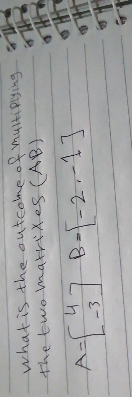 what is the outcome of multiplying
the two matrixes (AB)
A = [²3] B = [-2--1]
-3
R
T