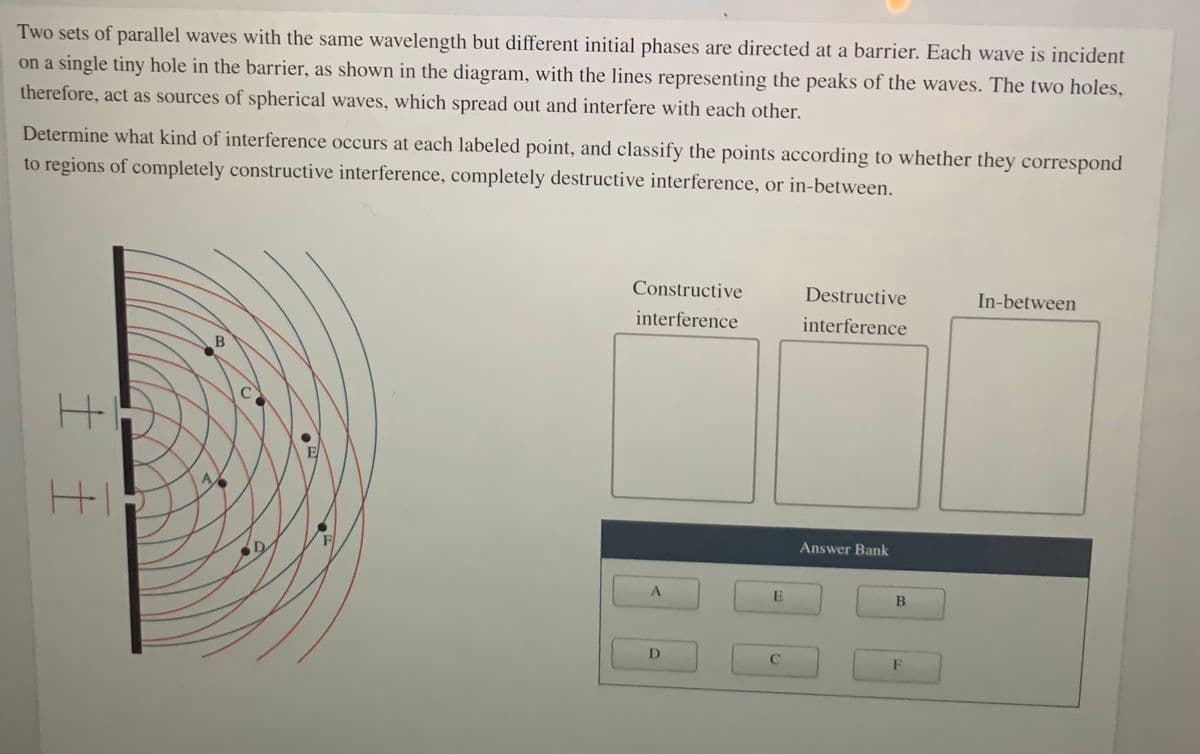 Two sets of parallel waves with the same wavelength but different initial phases are directed at a barrier. Each wave is incident
on a single tiny hole in the barrier, as shown in the diagram, with the lines representing the peaks of the waves. The two holes,
therefore, act as sources of spherical waves, which spread out and interfere with each other.
Determine what kind of interference occurs at each labeled point, and classify the points according to whether they correspond
to regions of completely constructive interference, completely destructive interference, or in-between.
Constructive
Destructive
In-between
interference
interference
C
A
HI
Answer Bank
D
D
F
B.
B.
