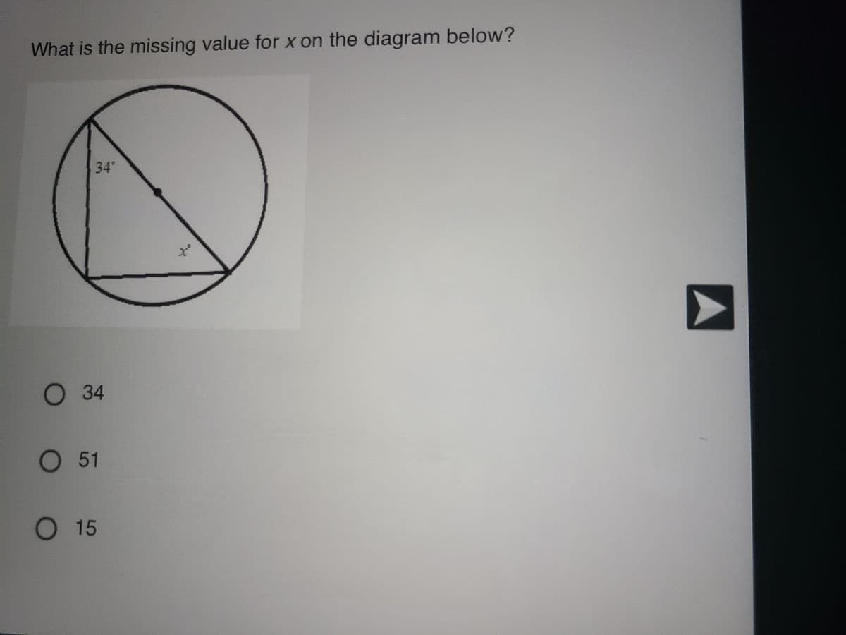 What is the missing value for x on the diagram below?
34°
O 34
O 51
O 15