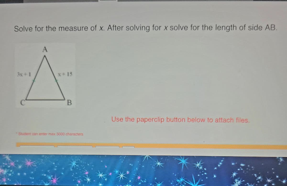 **Geometry Problem: Solving for x and Finding the Length of Side AB**

### Problem Statement:
Solve for the measure of \( x \). After solving for \( x \), solve for the length of side \( AB \).

![Triangle Diagram](https://via.placeholder.com/150)

### Diagram Explanation:
The diagram shows a triangle \( \triangle ABC \) with the following side lengths:
- \( AC = 3x + 1 \)
- \( AB = x + 15 \)
- \( BC \) is not labeled and therefore not relevant to this problem.

The triangle appears to be isosceles with sides \( AC \) and \( AB \) marked equal, which is indicated by the two small green lines on these sides.

### Steps to Solve:

1. **Set the equations equal, since \( AC = AB \):**
   \[ 3x + 1 = x + 15 \]

2. **Solve for \( x \):**
   \begin{align*}
   3x + 1 &= x + 15 \\
   3x - x &= 15 - 1 \\
   2x &= 14 \\
   x &= 7
   \end{align*}

3. **Find the length of side \( AB \) by substituting \( x = 7 \) into \( AB = x + 15 \):**
   \[ AB = 7 + 15 = 22 \]

### Conclusion:
The value of \( x \) is \( 7 \) and the length of side \( AB \) is \( 22 \).

**Note for students:** You can use the paperclip button below to attach any files relevant to your solution.

---
*Student can enter a maximum of 3000 characters*