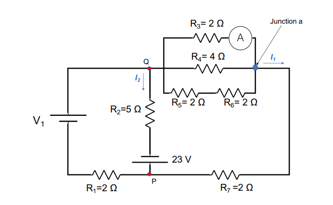 Junction a
R3= 20
R4= 4 0
Rg= 20
Re= 2 0
R2=5 0
V,
23 V
R;=2 Q
R7 =2 Q
