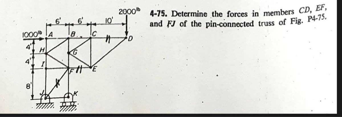 and FJ of the pin-connected truss of Fig. P4-75.
2000b
10'
4-75. Determine the forces in members CD, Er,
6'
6'
1000b
8.
4'I
4'I
8'
