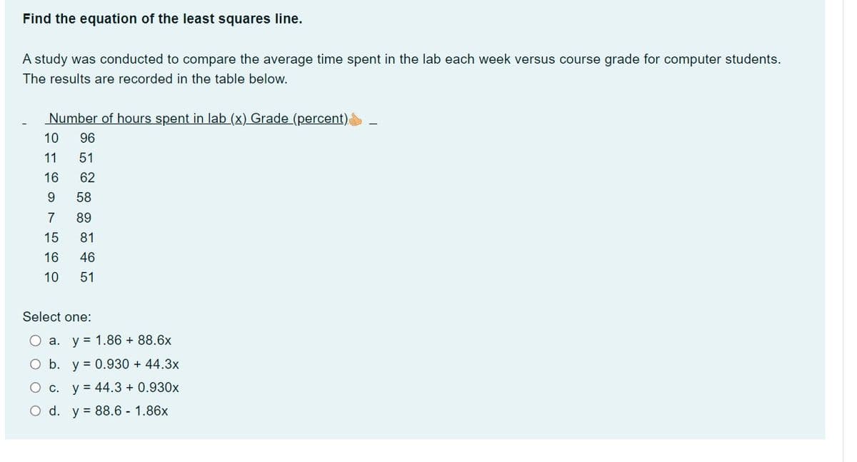 Find the equation of the least squares line.
A study was conducted to compare the average time spent in the lab each week versus course grade for computer students.
The results are recorded in the table below.
Number of hours spent in lab (x) Grade (percent).
10 96
11 51
16
62
9
7
15
58
89
81
16 46
10 51
Select one:
O a. y 1.86 +88.6x
O b. y = 0.930 + 44.3x
O c. y 44.3 +0.930x
O d. y = 88.6 - 1.86x