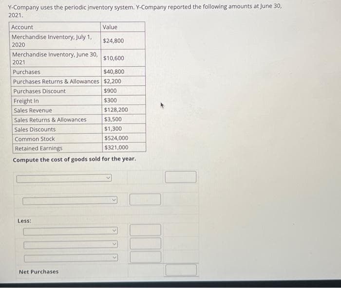 Y-Company uses the periodic inventory system. Y-Company reported the following amounts at June 30,
2021.
Account
Merchandise Inventory, July 1,
2020
Freight In
Sales Revenue
Sales Returns & Allowances
Sales Discounts
Merchandise Inventory, June 30,
$10,600
2021
Purchases
$40,800
Purchases Returns & Allowances $2,200
Purchases Discount
$900
$300
Value
Less:
$24,800
Net Purchases
Common Stock
$524,000
Retained Earnings
$321,000
Compute the cost of goods sold for the year.
$128,200
$3,500
$1,300