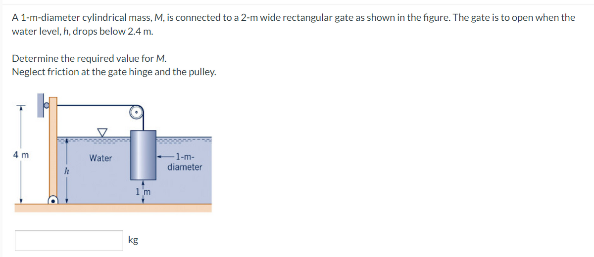 A 1-m-diameter cylindrical mass, M, is connected to a 2-m wide rectangular gate as shown in the figure. The gate is to open when the
water level, h, drops below 2.4 m.
Determine the required value for M.
Neglect friction at the gate hinge and the pulley.
4 m
Water
1'm
kg
-1-m-
diameter