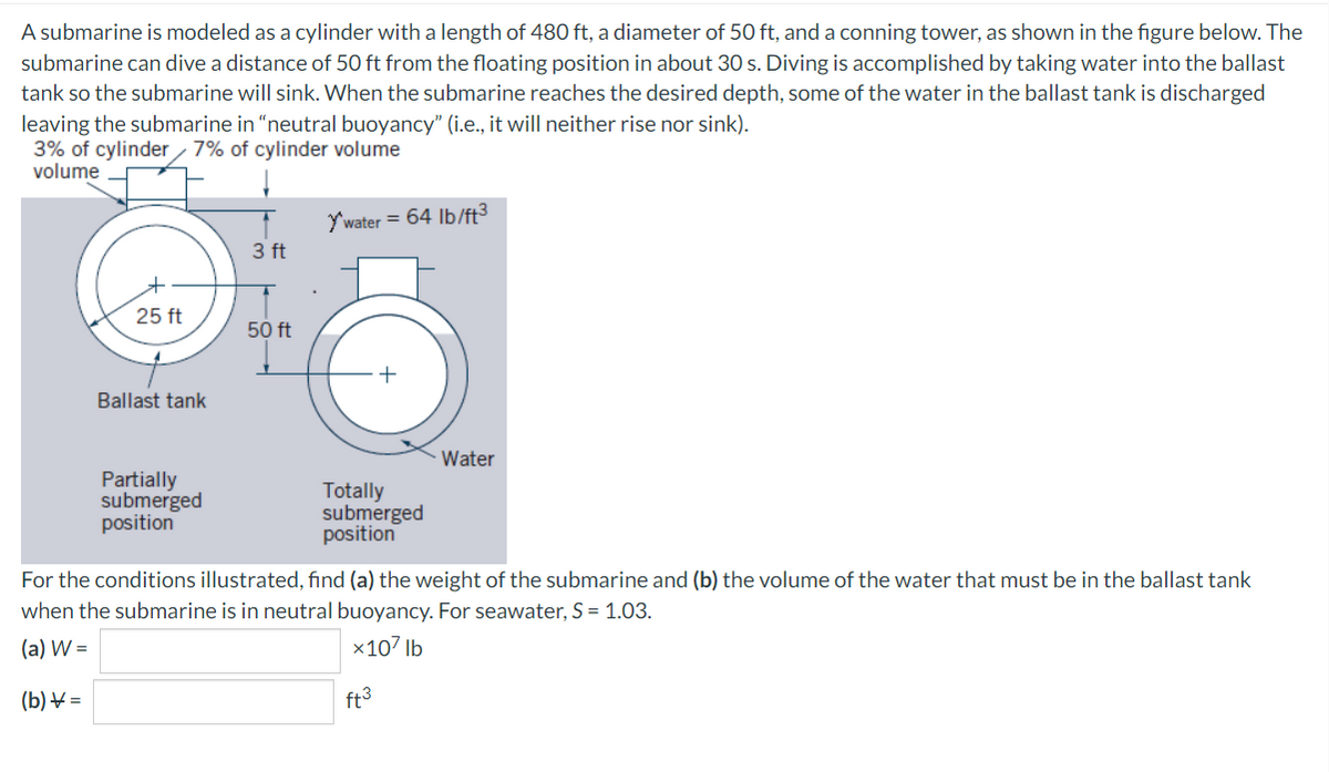 A submarine is modeled as a cylinder with a length of 480 ft, a diameter of 50 ft, and a conning tower, as shown in the figure below. The
submarine can dive a distance of 50 ft from the floating position in about 30 s. Diving is accomplished by taking water into the ballast
tank so the submarine will sink. When the submarine reaches the desired depth, some of the water in the ballast tank is discharged
leaving the submarine in "neutral buoyancy" (i.e., it will neither rise nor sink).
3% of cylinder 7% of cylinder volume
volume
25 ft
Ballast tank
Partially
submerged
position
3 ft
50 ft
Y'water = 64 lb/ft³
5.
Totally
submerged
position
ft³
Water
For the conditions illustrated, find (a) the weight of the submarine and (b) the volume of the water that must be in the ballast tank
when the submarine is in neutral buoyancy. For seawater, S = 1.03.
(a) W =
x107 lb
(b) =