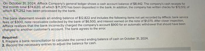 On October 31, 2024, Affleck Company's general ledger shows a cash account balance of $8,442. The company's cash receipts for
the month total $74,620, of which $71,370 has been deposited in the bank. In addition, the company has written checks for $72,512, of
which $71,252 has been processed by the bank.
The bank statement reveals an ending balance of $12,822 and includes the following items not yet recorded by Affleck: bank service
fees of $300, note receivable collected by the bank of $6,500, and interest earned on the note of $1,070. After closer inspection,
Affleck realizes that the bank incorrectly charged the company's account $900 for an automatic withdrawal that should have been
charged to another customer's account. The bank agrees to the error.
Required:
1. Prepare a bank reconciliation to calculate the correct ending balance of cash on October 31, 2024.
2. Record the necessary entries to adjust the balance for cash.