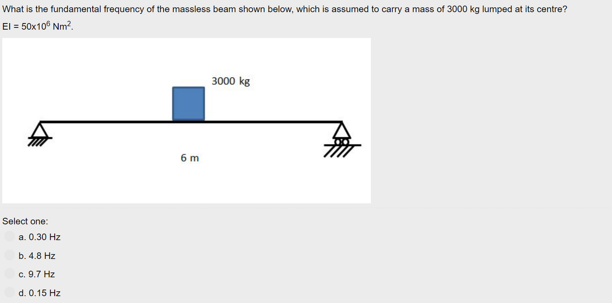 What is the fundamental frequency of the massless beam shown below, which is assumed to carry a mass of 3000 kg lumped at its centre?
El = 50x106 Nm².
Select one:
a. 0.30 Hz
b. 4.8 Hz
c. 9.7 Hz
d. 0.15 Hz
6 m
3000 kg