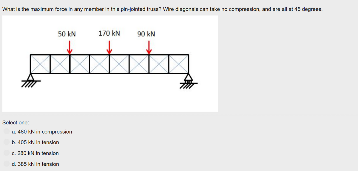 What is the maximum force in any member in this pin-jointed truss? Wire diagonals can take no compression, and are all at 45 degrees.
Select one:
50 kN
a. 480 kN in compression
b. 405 kN in tension
c. 280 kN in tension
d. 385 kN in tension
170 kN
90 kN