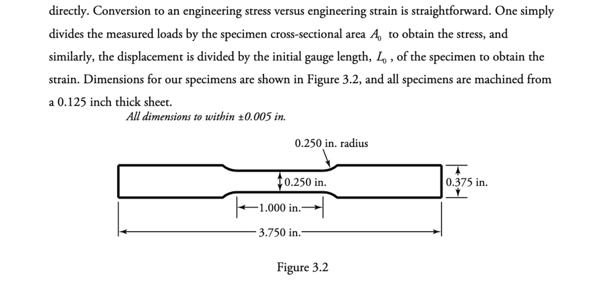 directly. Conversion to an engineering stress versus engineering strain is straightforward. One simply
divides the measured loads by the specimen cross-sectional area A to obtain the stress, and
similarly, the displacement is divided by the initial gauge length, L, of the specimen to obtain the
strain. Dimensions for our specimens are shown in Figure 3.2, and all specimens are machined from
a 0.125 inch thick sheet.
All dimensions to within ±0.005 in.
0.250 in. radius
0.250 in.
1.000 in.-
3.750 in.
Figure 3.2
0.375 in.