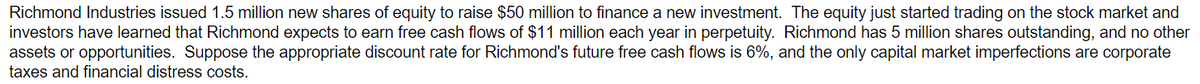 Richmond Industries issued 1.5 million new shares of equity to raise $50 million to finance a new investment. The equity just started trading on the stock market and
investors have learned that Richmond expects to earn free cash flows of $11 million each year in perpetuity. Richmond has 5 million shares outstanding, and no other
assets or opportunities. Suppose the appropriate discount rate for Richmond's future free cash flows is 6%, and the only capital market imperfections are corporate
taxes and financial distress costs.
