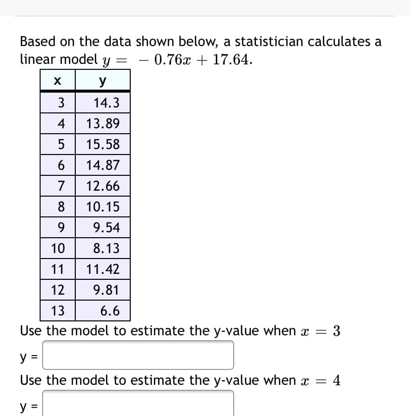 Based on the data shown below, a statistician calculates a
linear model
- 0.76x + 17.64.
У
3
14.3
4
13.89
5
15.58
6
14.87
7
12.66
8| 10.15
9.
9.54
10
8.13
11
11.42
12
9.81
13
6.6
Use the model to estimate the y-value when x =
- 3
y
Use the model to estimate the y-value when x
4
y =
