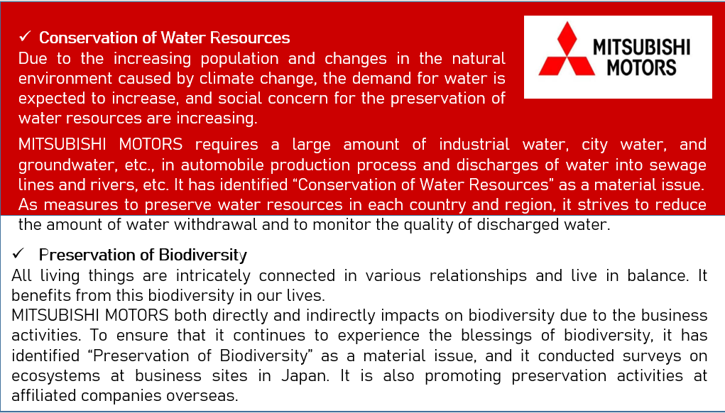 V Conservation of Water Resources
Due to the increasing population and changes in the natural
environment caused by climate change, the demand for water is
expected to increase, and social concern for the preservation of
water resources are increasing.
MITSUBISHI
MOTORS
MITSUBISHI MOTORS requires a large amount of industrial water, city water, and
groundwater, etc., in automobile production process and discharges of water into sewage
lines and rivers, etc. It has identified "Conservation of Water Resources" as a material issue.
As measures to preserve water resources in each country and region, it strives to reduce
the amount of water withdrawal and to monitor the quality of discharged water.
V Preservation of Biodiversity
All living things are intricately connected in various relationships and live in balance. It
benefits from this biodiversity in our lives.
MITSUBISHI MOTORS both directly and indirectly impacts on biodiversity due to the business
activities. To ensure that it continues to experience the blessings of biodiversity, it has
identified "Preservation of Biodiversity" as a material issue, and it conducted surveys on
ecosystems at business sites in Japan. It is also promoting preservation activities at
affiliated companies overseas.
