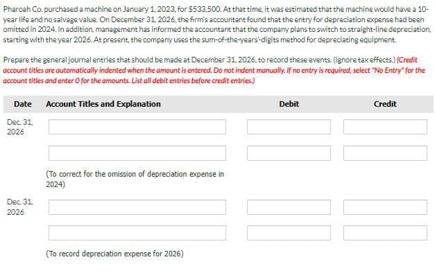 Pharoah Co. purchased a machine on January 1, 2023, for $533,500. At that time, it was estimated that the machine would have a 10-
year life and no salvage value. On December 31, 2026, the firm's accountant found that the entry for depreciation expense had been
omitted in 2024. In addition, management has informed the accountant that the company plans to switch to straight-line depreciation.
starting with the year 2026. At present, the company uses the sum-of-the-years-digits method for depreciating equipment.
Prepare the general journal entries that should be made at December 31, 2026, to record these events. (Ignore tax effects.) (Credit
account titles are automatically indented when the amount is entered. Do not indent manually. If no entry is required, select "No Entry" for the
account titles and enter O for the amounts. List all debit entries before credit entries.)
Date Account Titles and Explanation
Dec. 31,
2026
Debit
Credit
Dec. 31,
2026
(To correct for the omission of depreciation expense in
2024)
(To record depreciation expense for 2026)