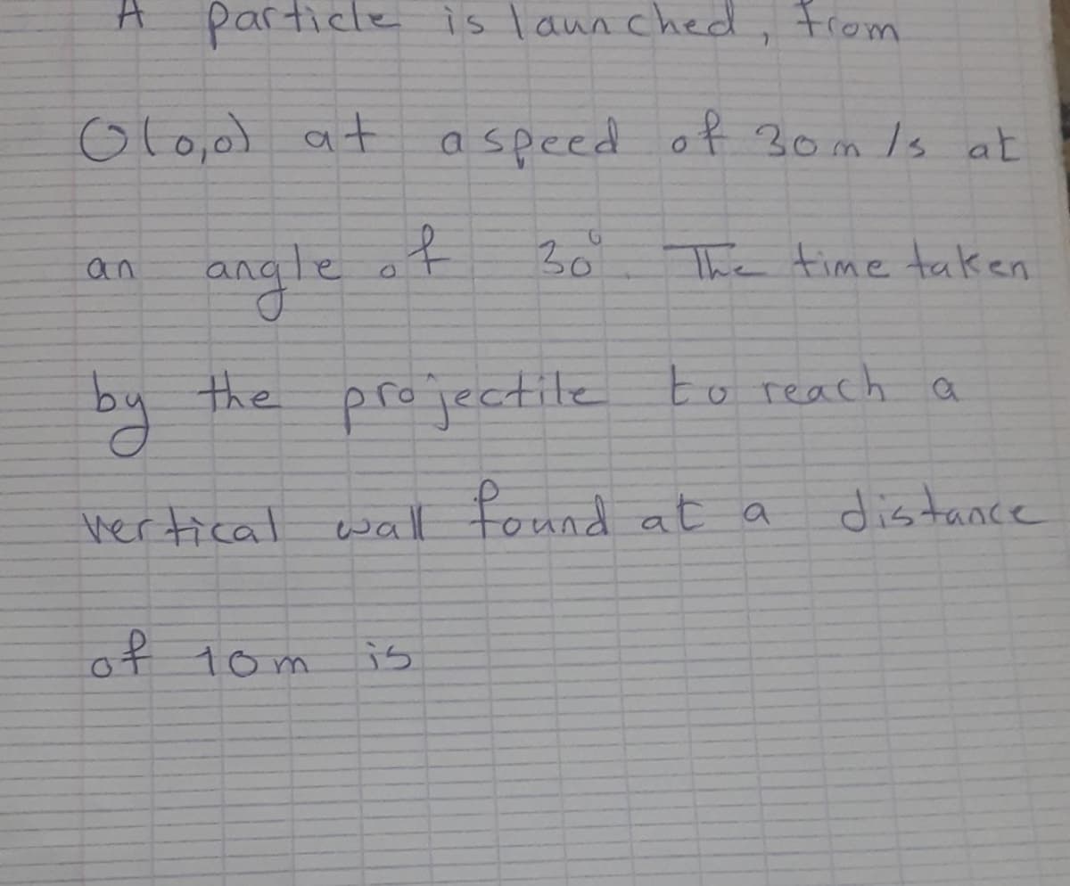 particle is launched, From
Olo,o) at aspeed of 3om Is at
9.
angle
30
The time taken
an
by
the
projectile to reach a
vertical wal Found at a
of 10m
is
