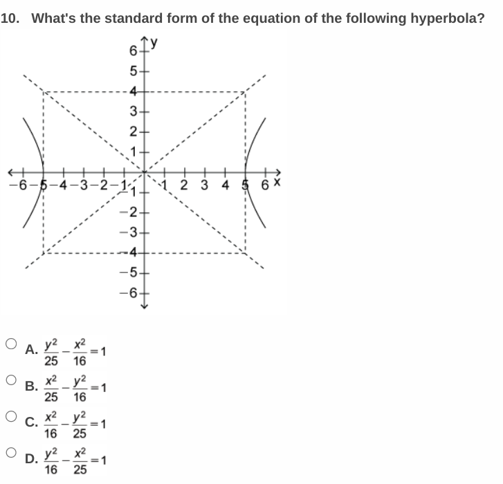 **Question 10:** What's the standard form of the equation of the following hyperbola?

**Graph Description:**

The graph displays a hyperbola centered at the origin (0,0) on a coordinate plane. The x-axis and y-axis are marked with numerical values ranging from -6 to 6. The hyperbola opens horizontally along the x-axis. The asymptotes, which are dashed lines, extend diagonally and intersect at the origin. The asymptotes form a rectangle with vertices at (5, 4), (-5, 4), (-5, -4), and (5, -4).

**Answer Choices:**

- **A.** \(\frac{y^2}{25} - \frac{x^2}{16} = 1\)

- **B.** \(\frac{x^2}{25} - \frac{y^2}{16} = 1\)

- **C.** \(\frac{x^2}{16} - \frac{y^2}{25} = 1\)

- **D.** \(\frac{y^2}{16} - \frac{x^2}{25} = 1\)

**Explanation:**

To identify the correct standard form of the hyperbola's equation, observe that the hyperbola opens horizontally, indicating the \(x^2\) term comes first in the equation. The vertices are located at (5, 0) and (-5, 0), which suggests \(a^2 = 25\). The value of \(b^2\) can be determined by the rectangle formed by the asymptotes; here, \(b^2 = 16\). The appropriate equation will have the form:

\[ \frac{x^2}{a^2} - \frac{y^2}{b^2} = 1 \]

Therefore, the correct standard form of the hyperbola is:

- **C.** \(\frac{x^2}{16} - \frac{y^2}{25} = 1\)