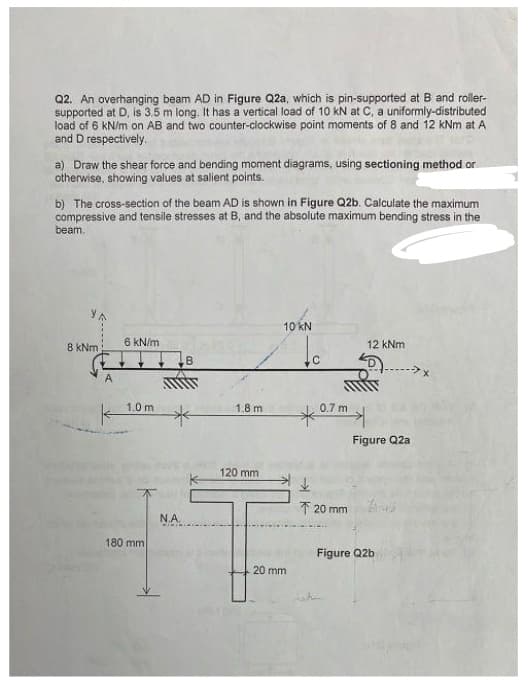 Q2. An overhanging beam AD in Figure Q2a, which is pin-supported at B and roller-
supported at D, is 3.5 m long. It has a vertical load of 10 kN at C, a uniformly-distributed
load of 6 kN/m on AB and two counter-clockwise point moments of 8 and 12 kNm at A
and D respectively.
a) Draw the shear force and bending moment diagrams, using sectioning method or
otherwise, showing values at salient points.
b) The cross-section of the beam AD is shown in Figure Q2b. Calculate the maximum
compressive and tensile stresses at B, and the absolute maximum bending stress in the
beam.
YA
8 kNm
A
K-
6 kN/m
1.0 m
180 mm
N.A.
1.8 m
120 mm
10 KN
20 mm
c
12 kNm
0.7 m
* 기
↓
T 20 mm
Figure Q2a
Zus
Figure Q2b