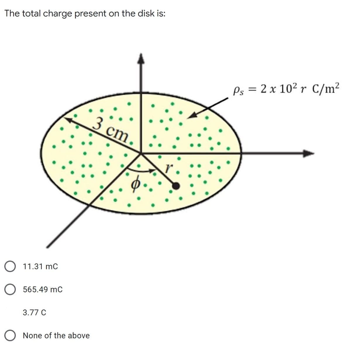 The total charge present on the disk is:
Ps = 2 x 10² r C/m²
3 cm.
O 11.31 mC
O 565.49 mC
3.77 C
O None of the above
