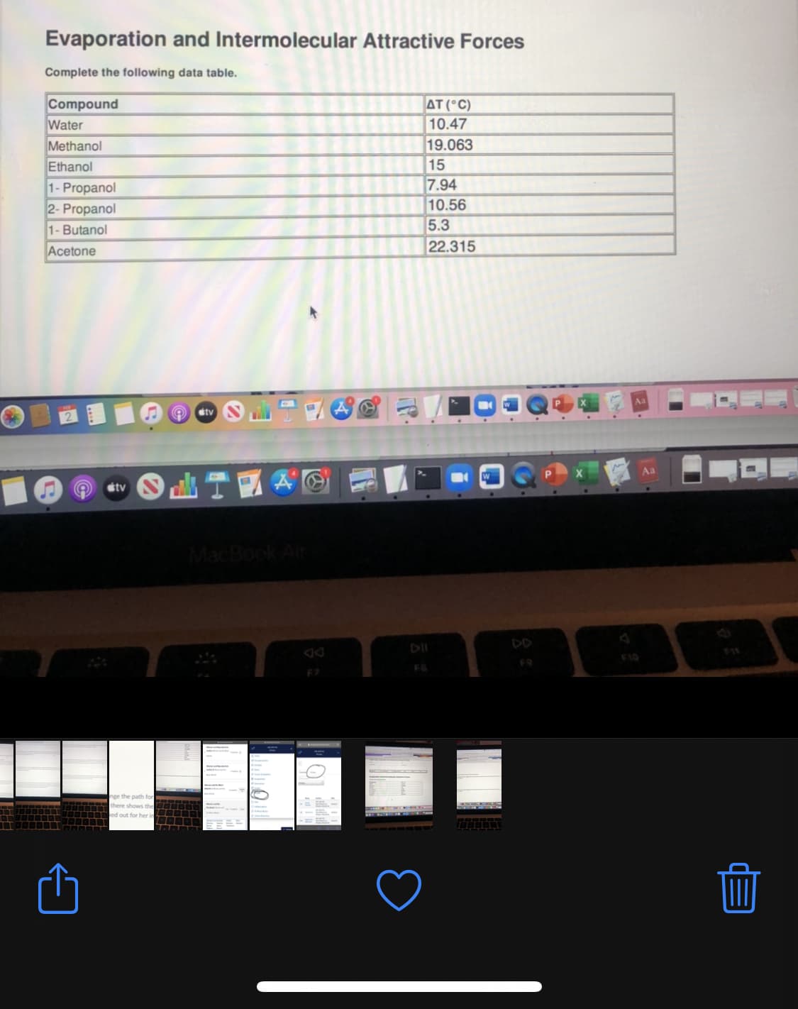 Evaporation and Intermolecular Attractive Forces
Complete the following data table.
Compound
Water
AT (°C)
10.47
19.063
15
7.94
10.56
5.3
Methanol
Ethanol
1- Propanol
2- Propanol
1- Butanol
Acetone
22.315
tv
Aa
stv
MacBook Air
DD
F10
F9
FS
F7
nge the path for
there shows the
ed out for her in
