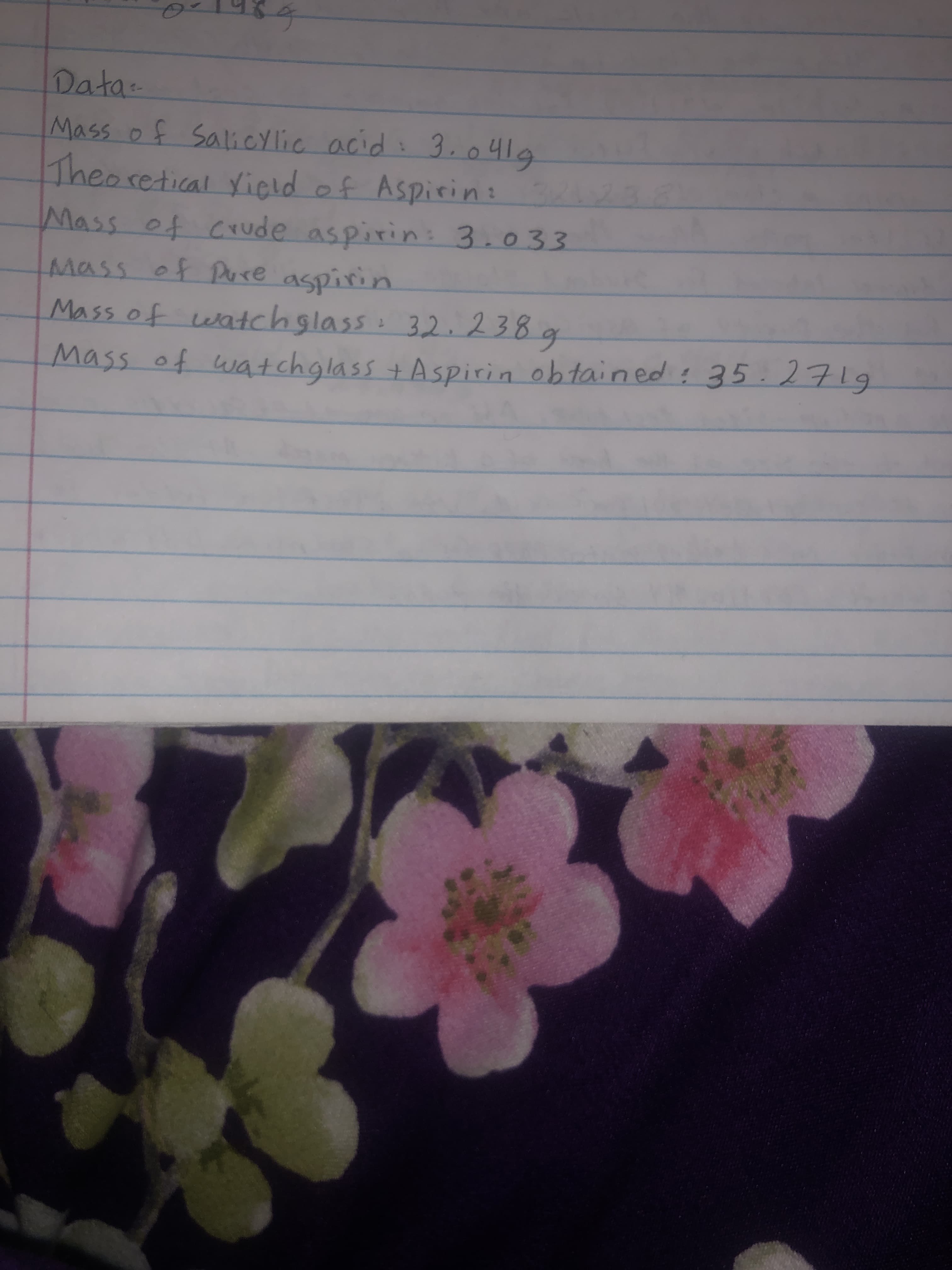 Mass of Salicylic acid
Theoretical Yield of Aspirin:
: 3.041g
17
Mass of crude aspirin : 3.033
of Pure aspirin
Mass of watchglass: 32. 238g
Mass of watchglass +Aspirin obtained:35.2719
Mass
