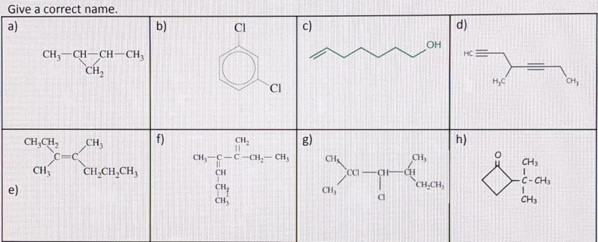 Give a correct name.
a)
e)
CH3-CH-CH-CH3
CH₂
CH₂CH₂ CH3
CH₂ CH₂CH₂CH3
C=C
b)
CH₂ C
11
CH
1
CH₂
CH₁
CH₂2
Cl
C-CH₂-CH₂
C)
50
CH
CH₂
CCI
CH
G
OH
CH,
CH
CH₂CH₂
HC
h)
H₂C
CH3
C-CH3
1
CH3
CH₂