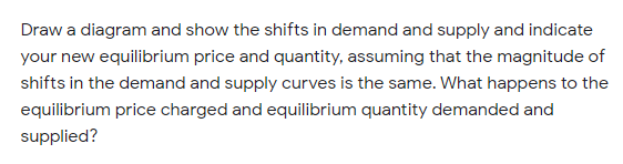 Draw a diagram and show the shifts in demand and supply and indicate
your new equilibrium price and quantity, assuming that the magnitude of
shifts in the demand and supply curves is the same. What happens to the
equilibrium price charged and equilibrium quantity demanded and
supplied?
